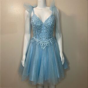 Blue V-neck glitter mesh A-line mini dress with rhinestone details